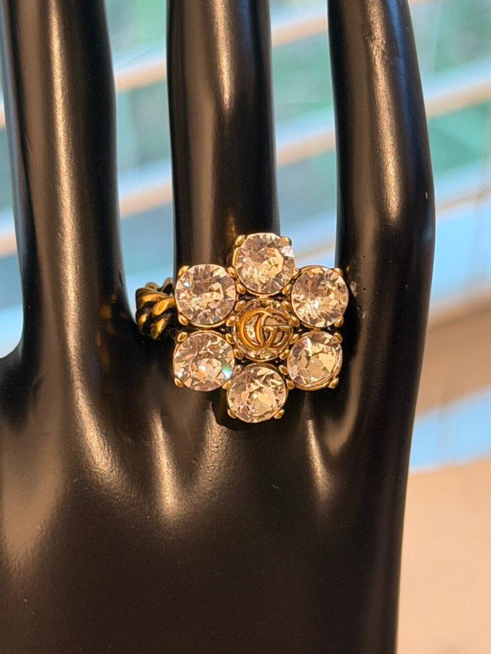 Gucci GG Marmont Crystal Flower Ring Sz 6 Authentic